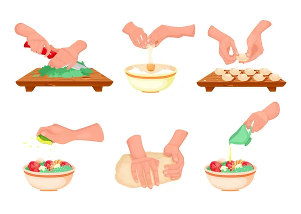 Hands Preparing Meal Vector Illustrations Set Cartoon Person Cutting Lettuce — Stock Vector