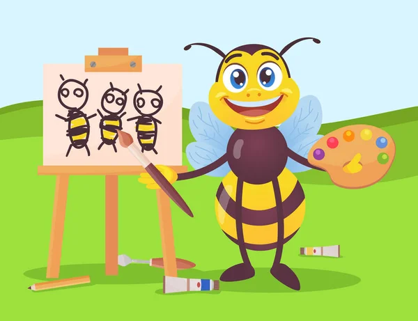 Happy Bee Character Drawing Honeybees Canvas Black Yellow Insect Holding — Stockový vektor