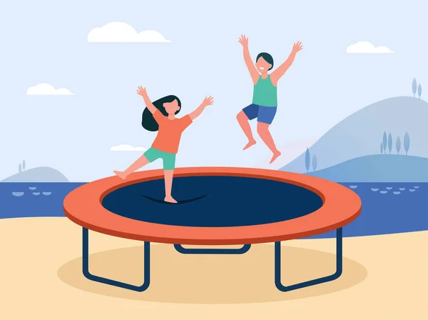 トランポリンや笑顔でジャンプする幸せな子供たち ビーチ 休暇フラットベクトルイラスト バナー ウェブサイトのデザインやランディングウェブページのためのエンターテイメントと楽しいコンセプト — ストックベクタ