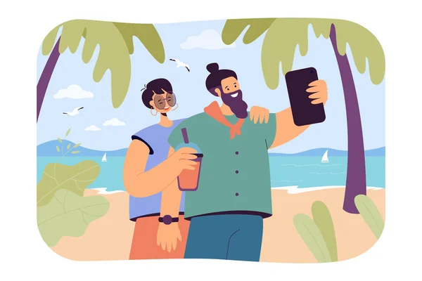 해변에서 핸드폰으로 사진찍는 그림을 있습니다 현수막 사이트 디자인 페이지 — 스톡 벡터
