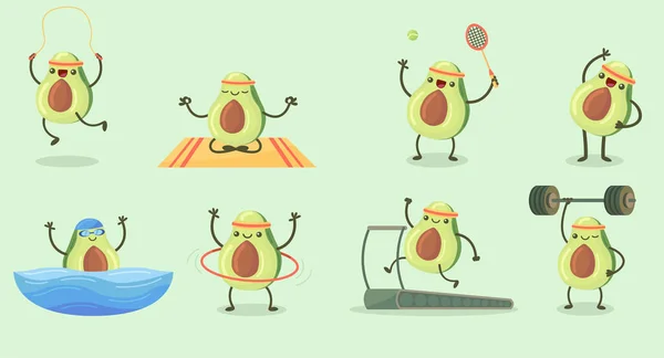 Glückliche Süße Avocado Übung Flaches Set Für Web Design Cartoon — Stockvektor