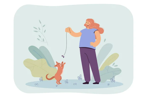 Chica Feliz Jugando Con Gato Con Arco Ilustración Vector Plano — Archivo Imágenes Vectoriales