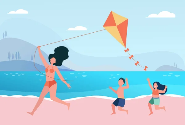 ビーチで凧を飛んでいる子供たちと幸せなお母さん 海辺で家族で楽しんでいます フラットベクトルイラスト バナー ウェブサイトのデザインやランディングウェブページのための夏のアクティビティ レジャー 休暇のコンセプト — ストックベクタ