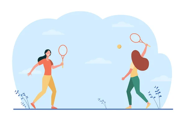 Glückliche Frauen Spielen Freien Badminton Freund Schläger Federball Flache Vektorillustration — Stockvektor