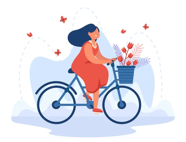 Chica Joven Feliz Montar Bicicleta Con Ramo Cesta Linda Mujer — Archivo Imágenes Vectoriales