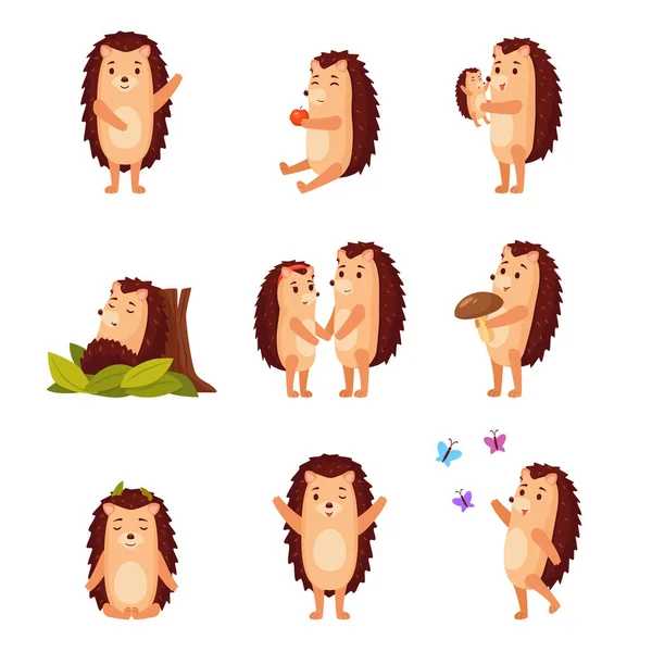 Hedgehog Caracteres Vector Ilustraciones Conjunto Animal Salvaje Durmiendo Saludando Meditando — Vector de stock