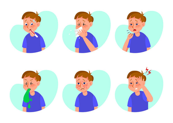 Ill boy with flu or cold flat vector illustrations set. Cartoon kid with symptoms of grippe, allergy or influenza, cough, nausea, fever, skin rash isolated on white background. Health, disease concept