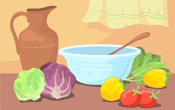 Zutaten Für Salat Und Schüssel Auf Dem Tisch Vintage Krug — Stockvektor