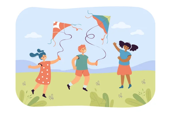 Діти Літають Повітряний Змій Плоский Векторні Ілюстрації Хлопчик Дівчата Ходять — стоковий вектор