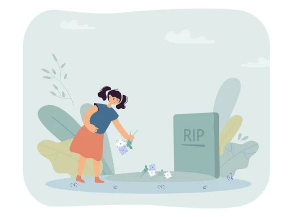 Niña Poniendo Flores Tumba Triste Personaje Huérfano Cementerio Lápida Ilustración — Archivo Imágenes Vectoriales