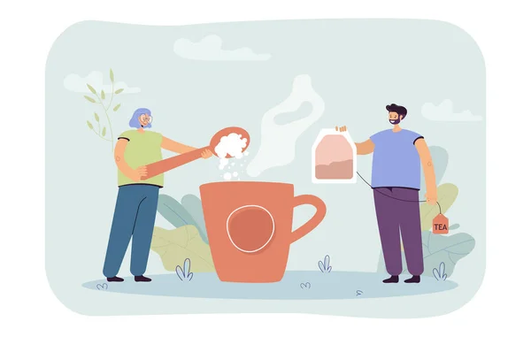 Man Woman Brewing Huge Cup Tea Flat Vector Illustration Huge — Stock vektor