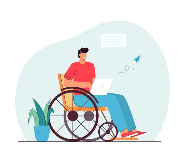 Man Wheelchair Communicating Online Disabled Male Character Holding Laptop Sending —  Vetores de Stock