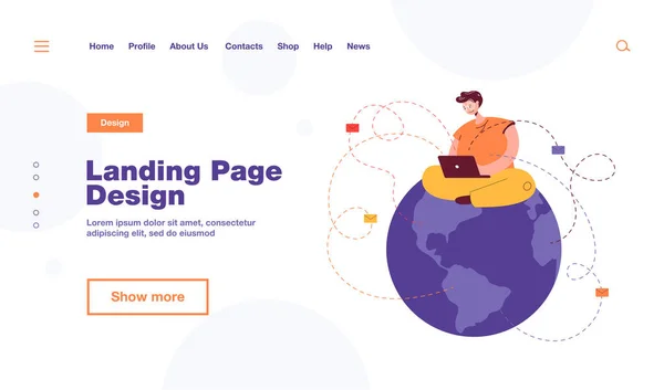 Mann Sitzt Auf Globus Und Sendet Mails Männliche Figur Mit — Stockvektor