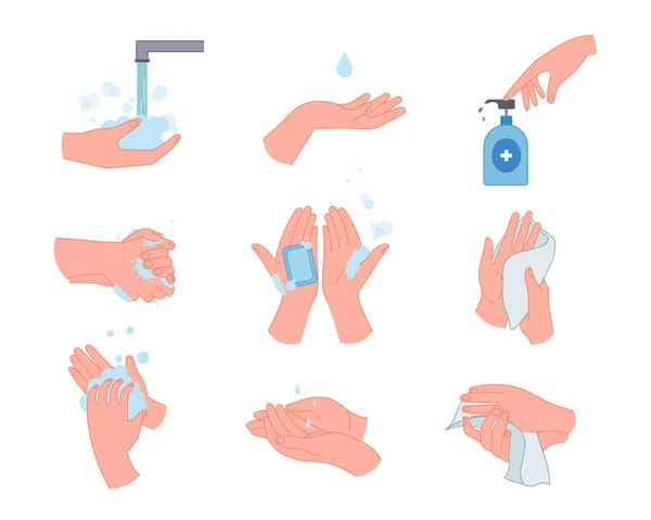 手洗浄ベクトルイラスト付きの医療用インフォグラフィックを設定します 適切な汚れた手の浄化の手順を示すジェスチャー 白の背景に隔離された感染予防 衛生的で健康的なコンセプト — ストックベクタ