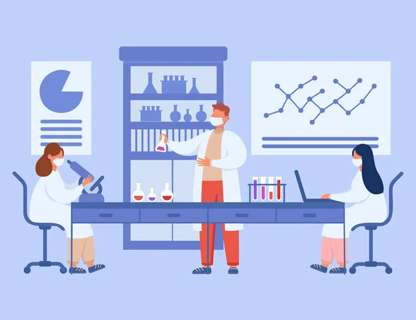 Laboratuvar düz vektör çiziminde tıp öğrencileri. Araştırma yapan, test yapan, laboratuarda covid için ilaç üreten bir grup karikatür bilimcisi. Bilim, kimya konsepti.