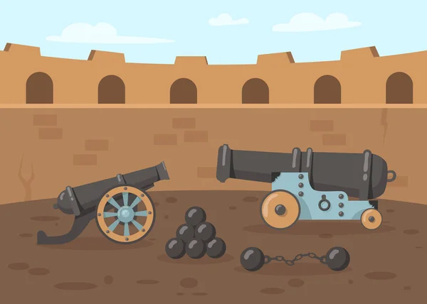 中世纪的大炮 塔上有炮弹 在战斗扁平矢量图解中用于防御要塞的旧军用武器 中世纪 战争观念 — 图库矢量图片