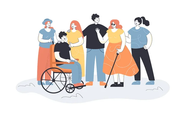 Men Women Welcoming People Disabilities Group People Meeting Blind Female —  Vetores de Stock