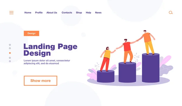メンターは 若い従業員が成長している棒グラフの上に登るのを助けます チームの手を握り 2階に一緒に歩く チームワーク 専門的なサポートコンセプトのためのベクトルイラスト — ストックベクタ
