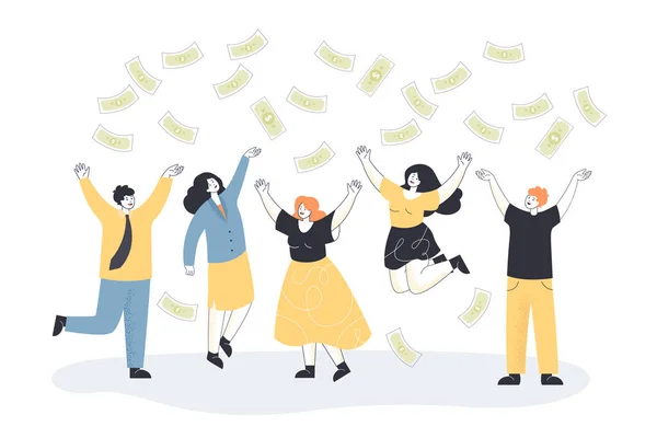 Money falling on happy business people flat vector illustration. Successful team of male and female workers rejoicing over victory, catching coins and celebrating win. Income, finance, luck concept