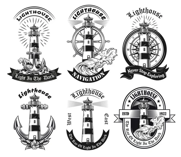 Monochromatyczne Emblematy Ilustracją Wektora Latarni Morskiej Zabytkowe Naklejki Wieży Latarnią — Wektor stockowy