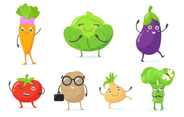 Multicolor Bonito Mascotes Vegetais Ícone Plano Definido Para Web Design — Vetor de Stock