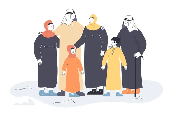 伝統的なドレスフラットベクトルイラストのイスラム教徒の家族 幸せなお母さん お父さん おばあちゃん 杖を持つ祖父 ヒジャーブの子供や孫 サウジアラビア 文化の概念 — ストックベクタ