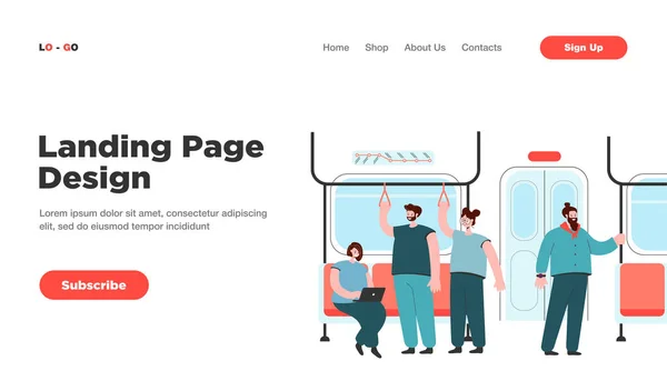 地下鉄や地下の車の中で乗客 フラットベクトルイラスト 地下鉄 バスや電車に乗る漫画の人々 公共交通機関 交通機関 ランディングページのメトロコンセプト — ストックベクタ