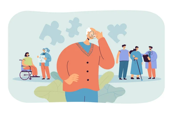 Alzheimer 'lı hastalar. Düşüncelere dalmış kafası karışmış yaşlı bir adam, kafasındaki bulmacaları birbirine bağlıyor. Zihinsel hastalık, nöroloji terapisi, hafıza kaybı, beyin tedavi konsepti