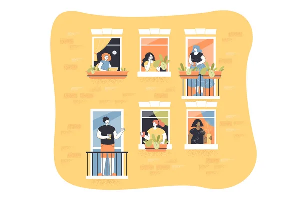 バルコニーのベクトル図の人々 アパート内の隣人と窓 隔離中の男性と女性とのバルコニー アパートのファサード バナー ウェブサイトのデザインのための近所の概念 — ストックベクタ