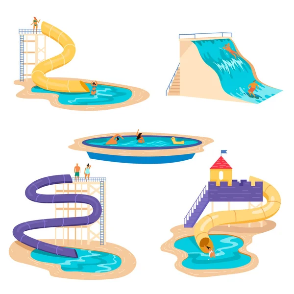 Mensen Ontspannen Bij Waterpark Vector Illustraties Set Mannen Vrouwen Glijden — Stockvector