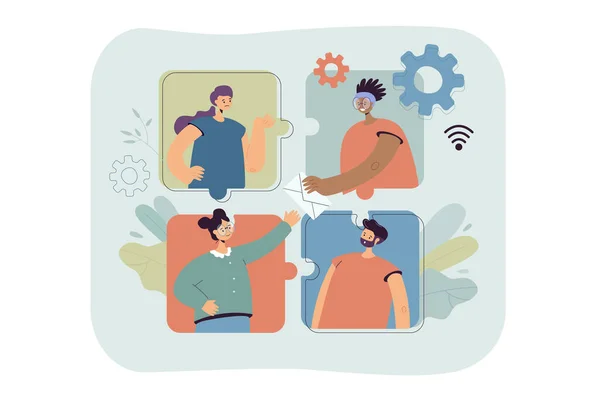 People Working Online Team Flat Vector Illustration Puzzle People Communicating —  Vetores de Stock