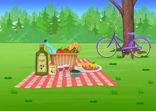 Picnic food on grass in park cartoon illustration. Straw basket with olives, wine, sausages on blanket. Forest, bike in background. Summer, outdoor dinner, recreation, party concept.