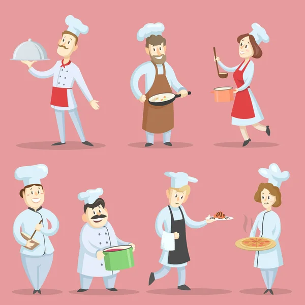 プロのシェフがフードベクトルイラストセットを調理 帽子やエプロンの漫画のキャラクターはピンクの背景に孤立した食事を作ります キッチン カフェ レストランのコンセプト — ストックベクタ
