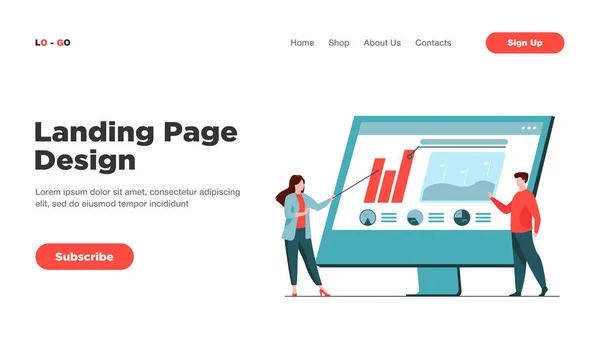 Fachleute Analysieren Diagramme Computermonitor Kollegen Präsentieren Diagramm Flache Vektorillustration Business — Stockvektor