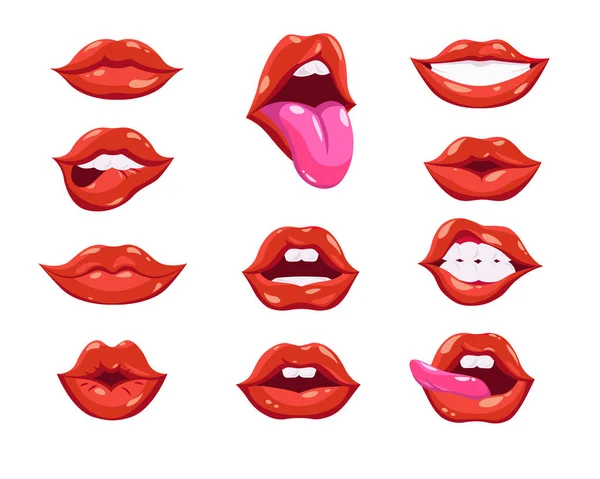 女性的嘴 性感的笑与白牙齿 女人咬嘴唇 显示亲吻的表情或舌头 漫画概念的矢量图解 — 图库矢量图片