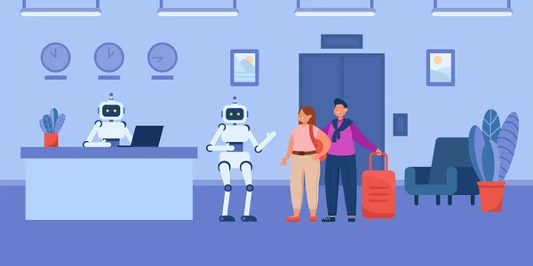 Robotachtige Cartoon Portier Helpen Gasten Lift Het Hotel Robot Receptioniste — Stockvector