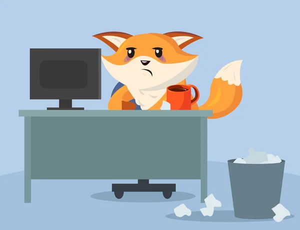 Sad Tired Cartoon Fox Character Sitting Office Flat Vector Illustration — Stock Vector