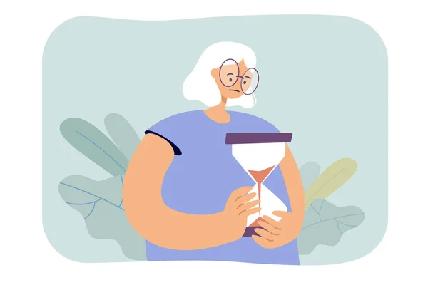 Sad Old Woman Holding Hourglass Elderly Character Watching Time Pass —  Vetores de Stock