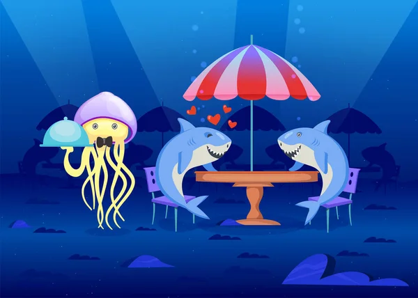 海底餐馆里的海地人 卡通矢量图解 两只恋爱中的鲨鱼 坐在餐桌旁 八达鱼侍应生伺候着它们 食物概念 — 图库矢量图片