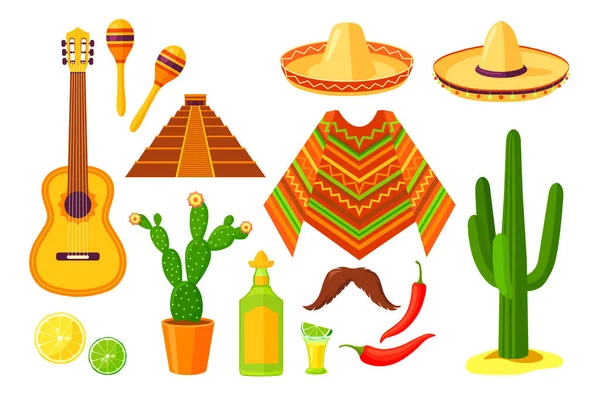 Zestaw Kreskówek Meksykańskie Tradycyjne Symbole Ilustracja Wektora Płaskiego Kolorowa Kolekcja — Wektor stockowy