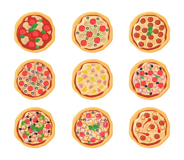 Set Cartoon Pizzas Different Stuffing Flat Vector Illustration Top View — Stock Vector