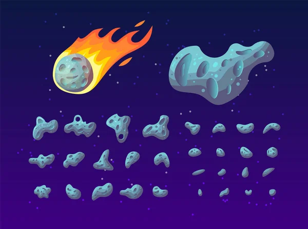 Sada Barevných Asteroidů Různých Tvarů Textur Velikostí Kreslená Vektorová Ilustrace — Stockový vektor