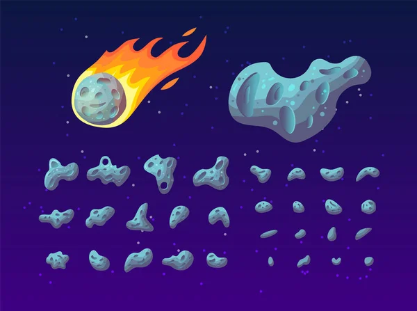 Set Van Kleurrijke Asteroïden Van Verschillende Vormen Texturen Grootte Cartoon — Stockvector