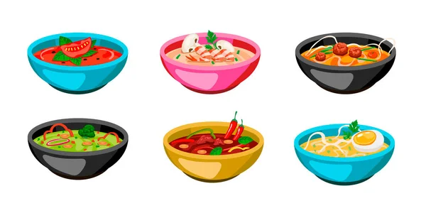Conjunto Cuencos Colores Sopa Ilustración Vectorial Dibujos Animados Gazpacho Caliente — Vector de stock