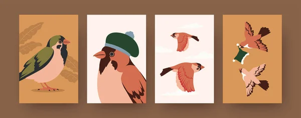 雀や冬の帽子を持つ現代美術のポスターのセット 帽子の漫画のベクトルイラストを着て鳥 ファッション デザインのための自然コンセプト ソーシャルメディア ポストカード 招待カード — ストックベクタ