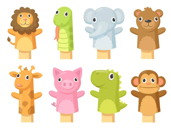 一套可爱的手袜子木偶 卡通矢量图解 以长颈鹿 猴子为形式的手工袜子玩具 木偶表演 用于横幅设计的玩具剧场概念 — 图库矢量图片