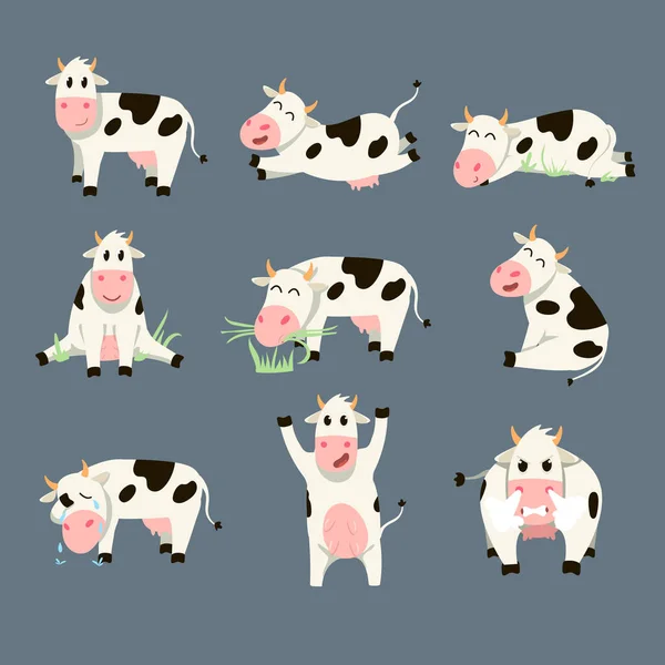 Ένα Σετ Αστείων Αγελάδων Γκρι Φόντο Εικονογράφηση Φορέα Κινουμένων Σχεδίων — Διανυσματικό Αρχείο