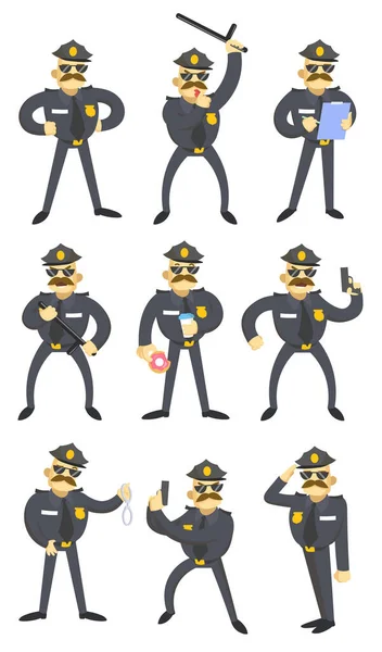 Ensemble Policiers Américains Drôles Illustration Vectorielle Dessin Animé Personnage Policier — Image vectorielle