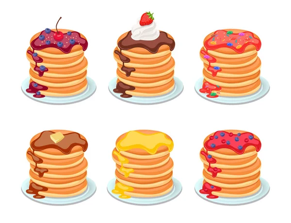 一套不同配料的美味煎饼 白盘上的煎饼 用糖浆 黄油或蜂蜜烘焙 传单设计的早餐概念 — 图库矢量图片