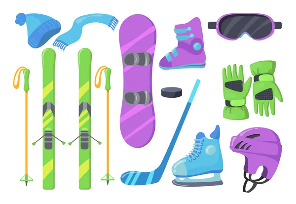 Set Winter Sports Equipment Cartoon Vector Illustration Hat Scarf Gloves — Stockový vektor